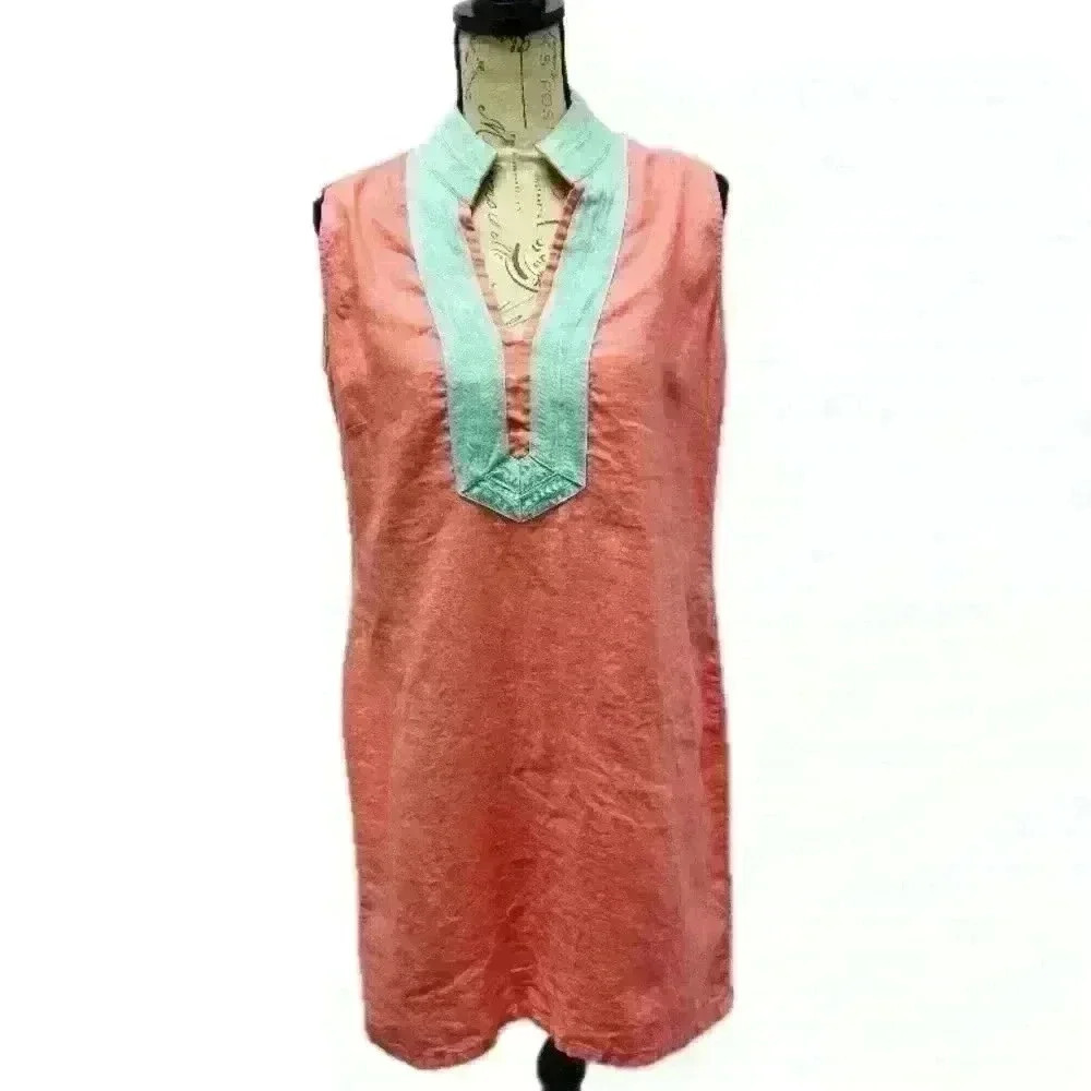 Sail to Sable Coral & Mint Green Sleeveless Linen Dress